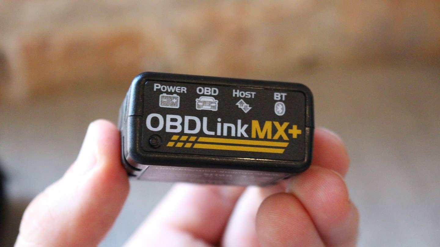 The OBDLink MX+ Bluetooth scanner dongle.
