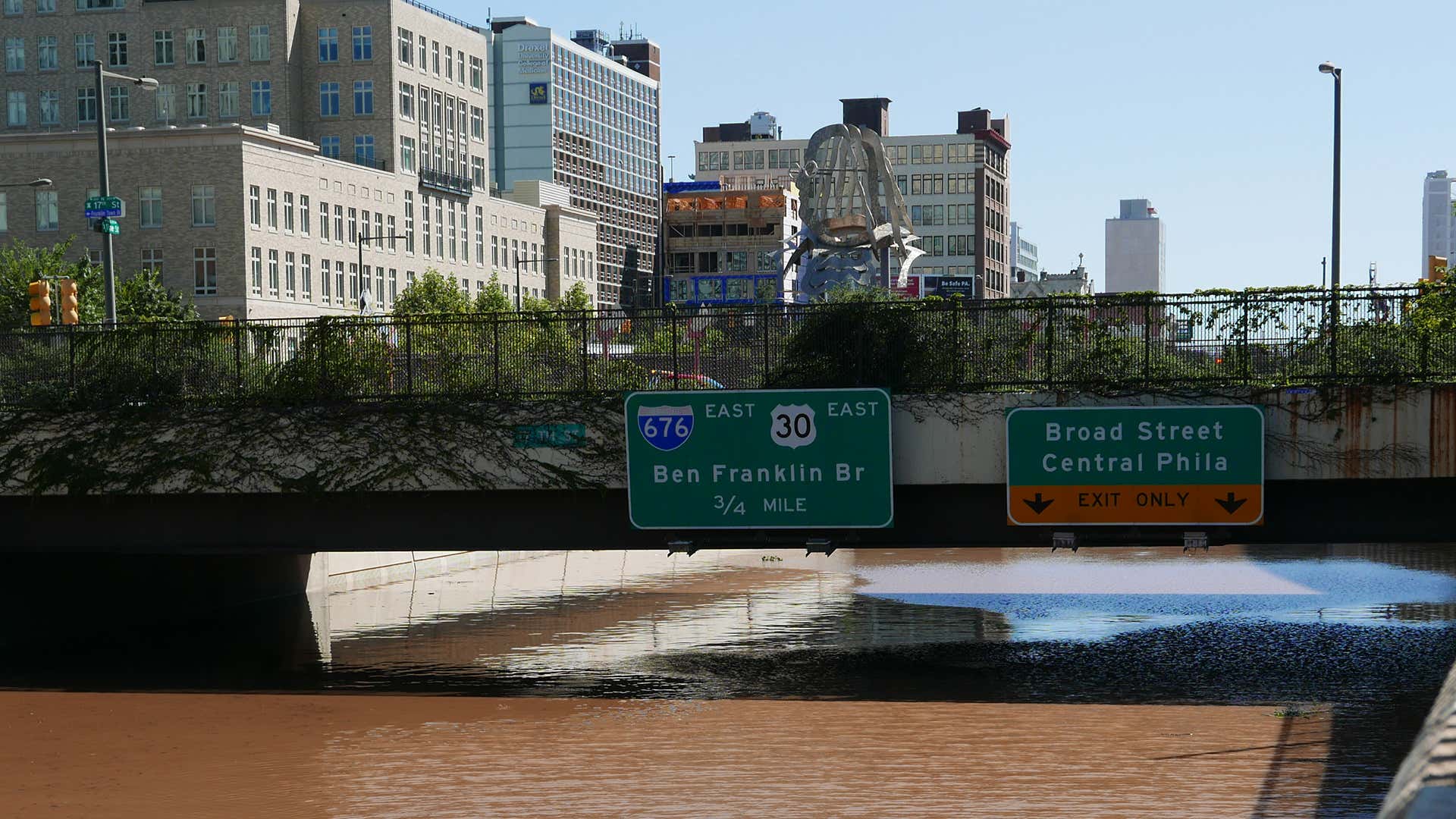 A highway in Philadelphia is completely flooded.