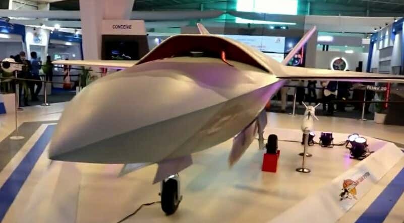 A full-size mockup of the CATS Warrior loyal wingman drone.