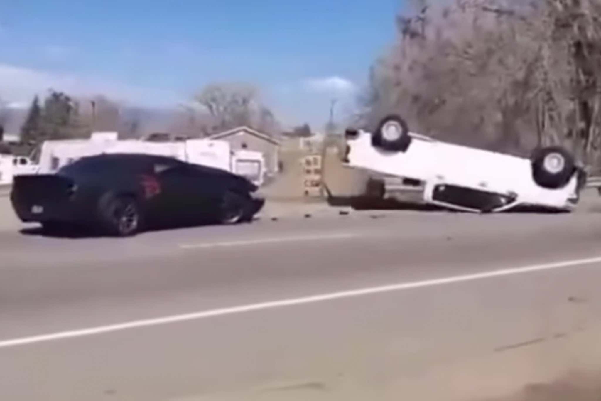Dodge Challenger Hellcat Driver Demolishes Passing Truck