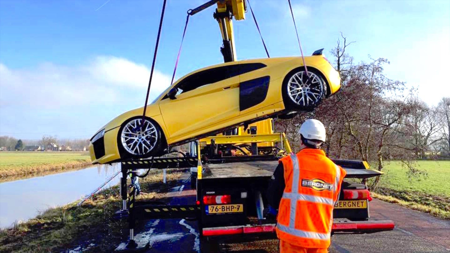 Watch a $200,000 Audi R8 V10 Plus Get Pulled Out of a River
