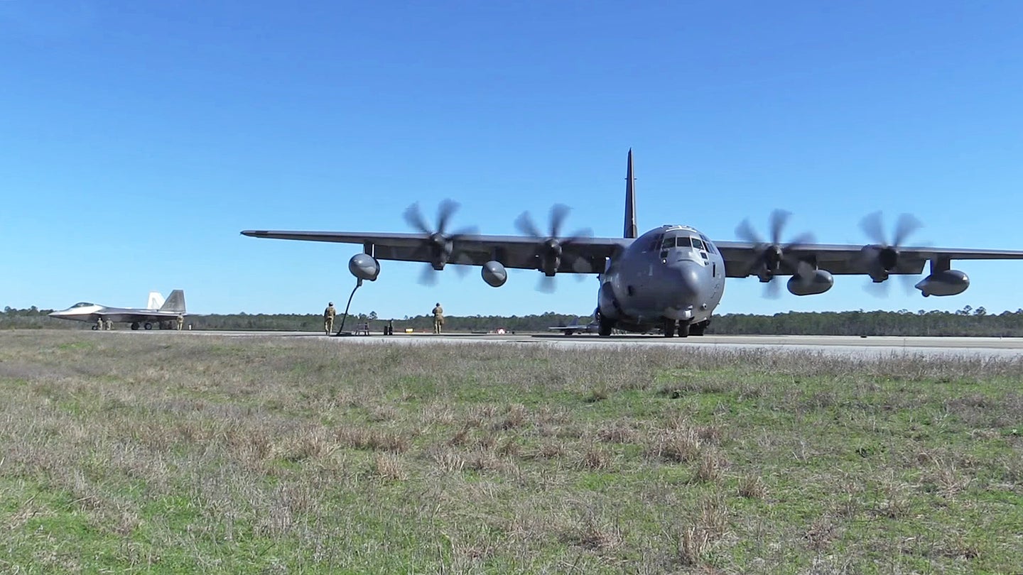Spec Ops MC-130 Provides Forward Arming And Refueling Point For F-22 Raptors