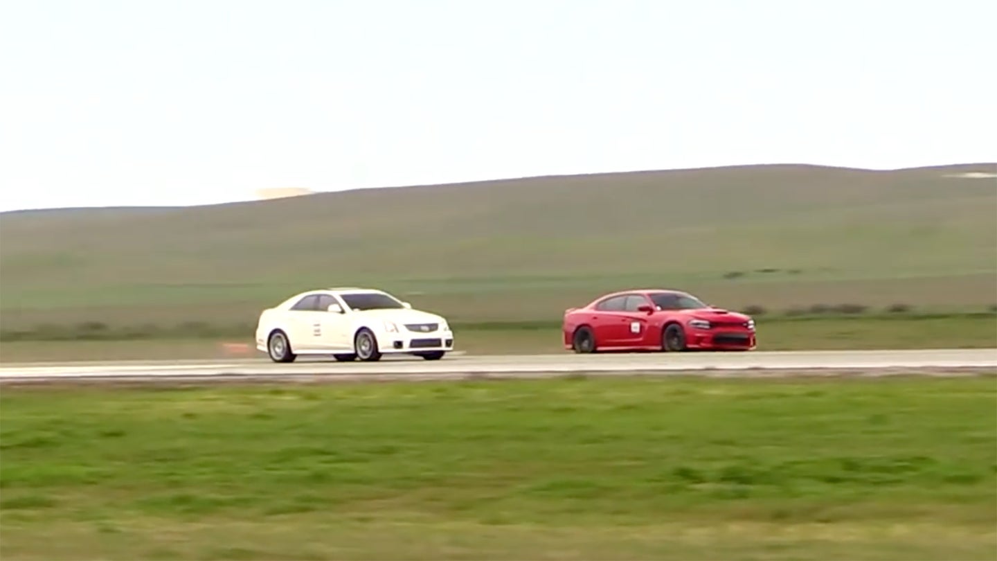 Watch a Tuned Cadillac CTS-V Blow Away a Dodge Charger Hellcat in a Half-Mile Drag Race