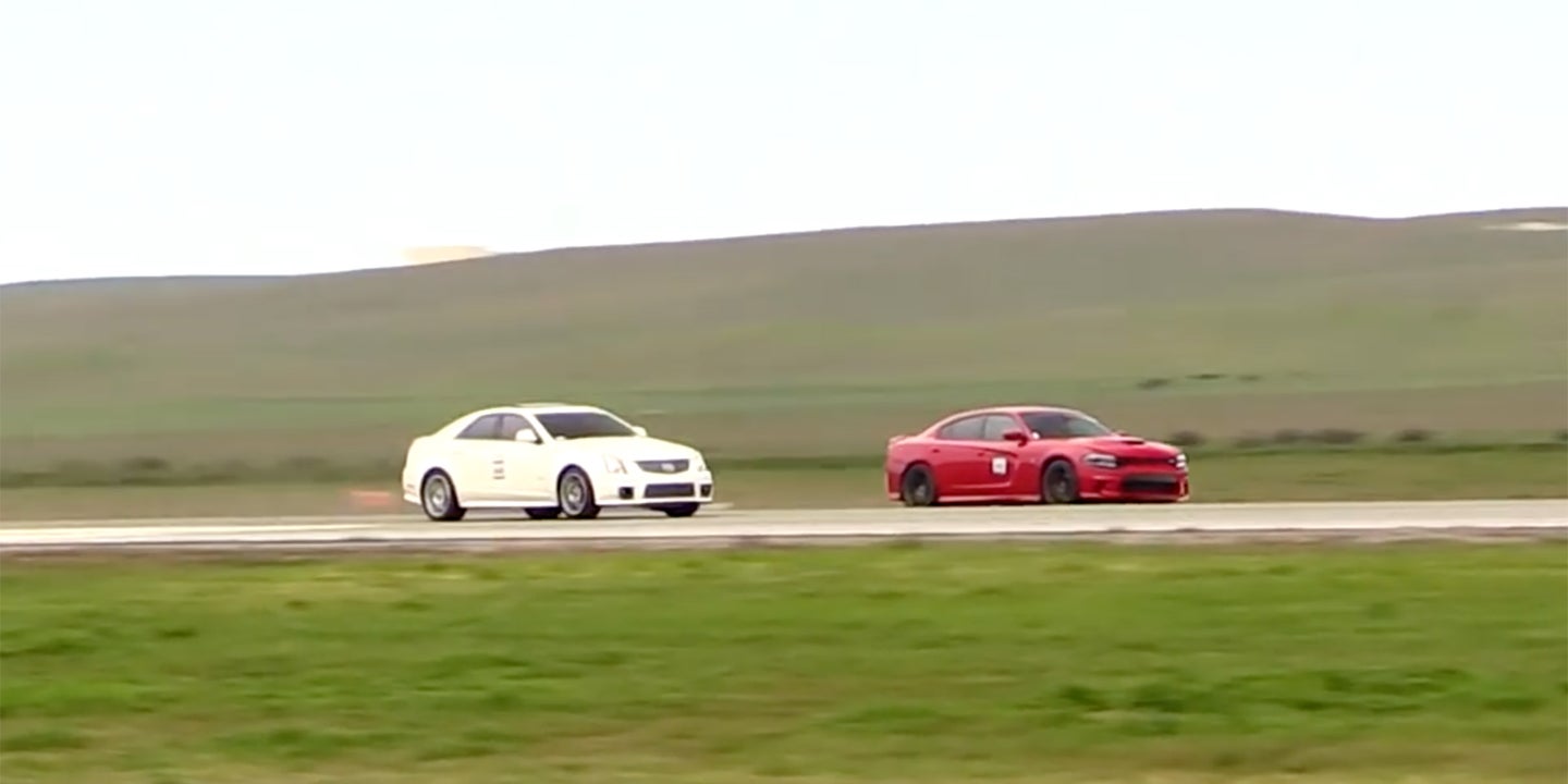Watch a Tuned Cadillac CTS-V Blow Away a Dodge Charger Hellcat in a Half-Mile Drag Race