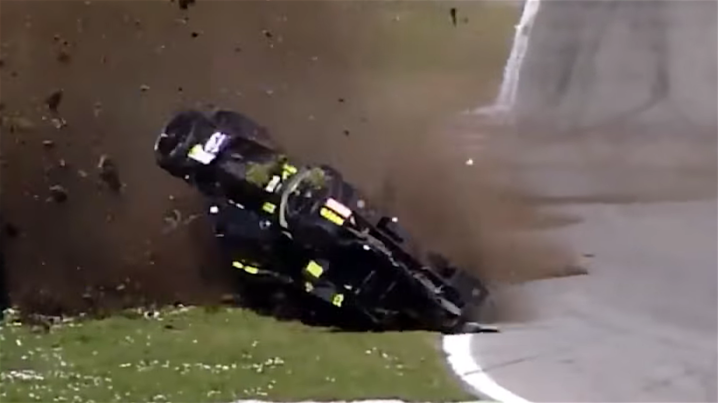 LMP3 Race Car Crashes Hard Into Barrier During Testing