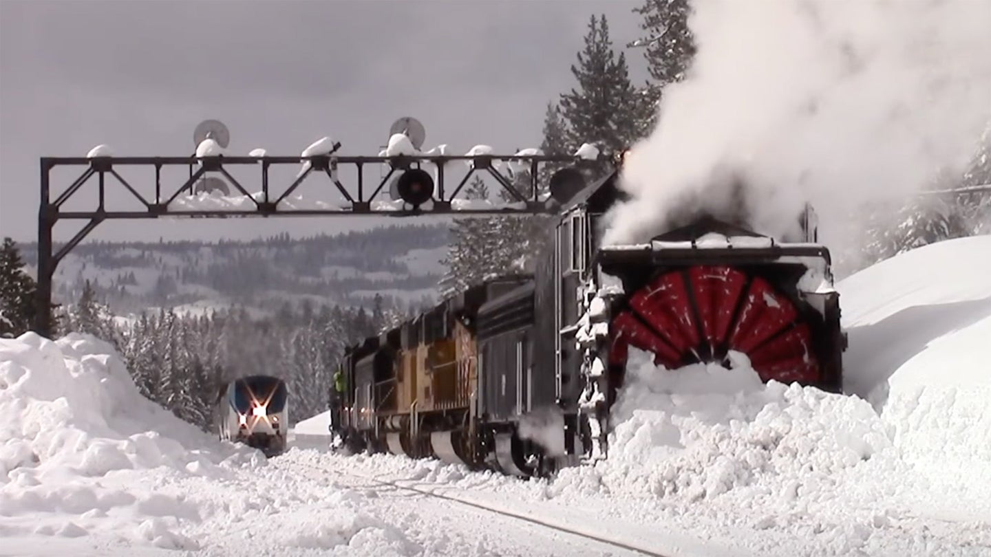 Watch Union Pacific’s Massive Rotary Snow Plow Train Blast Through the Donner Pass