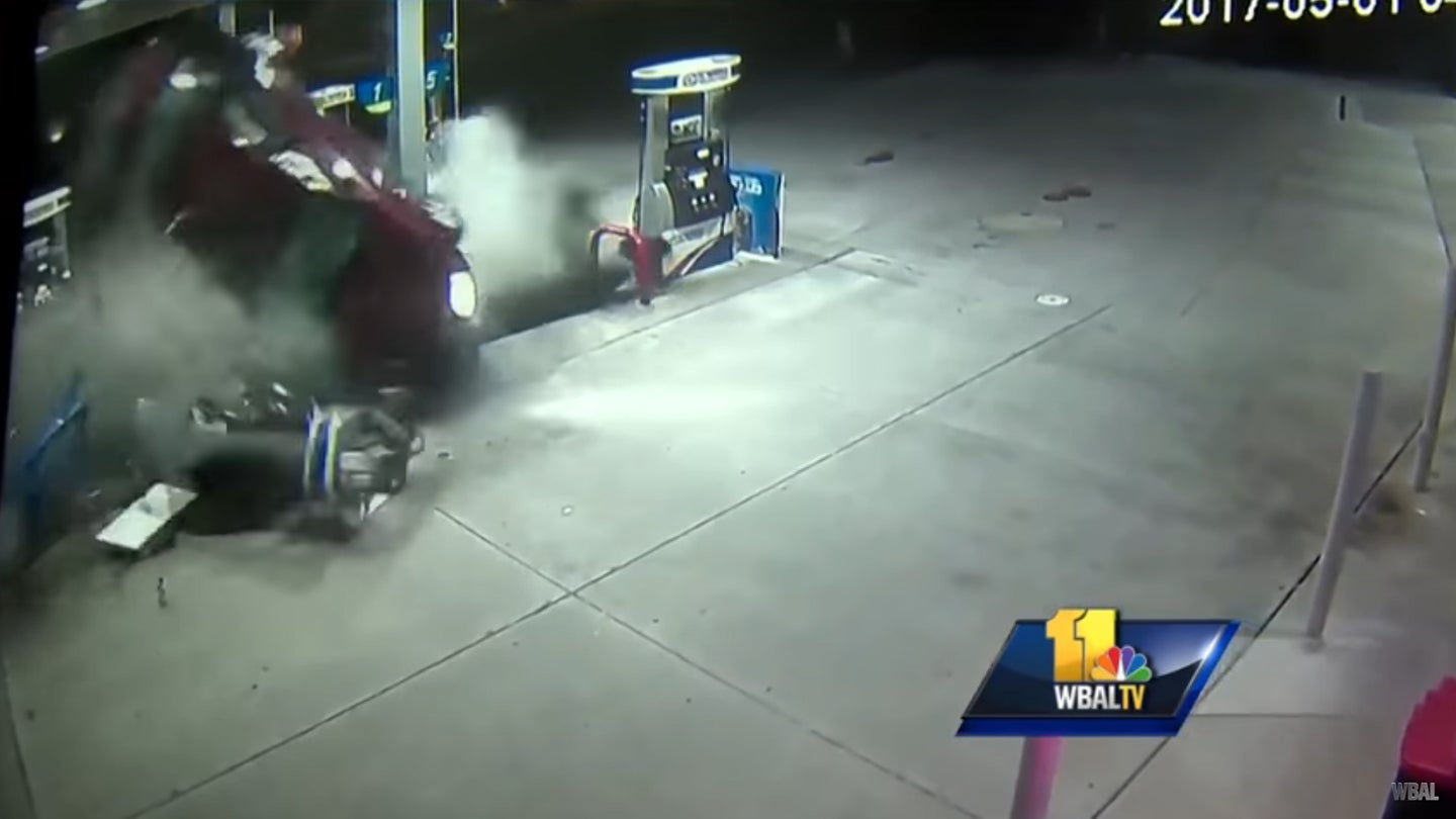 Watch This Sedan Crash Into a Gas Pump in Maryland