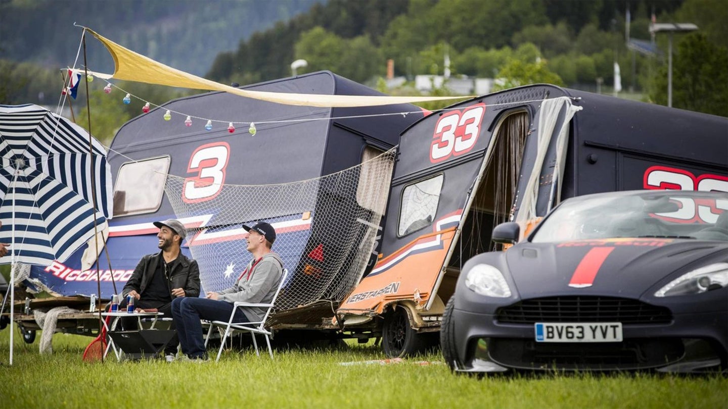 Watch F1 Drivers Max Verstappen and Daniel Ricciardo Race Aston Martins Towing Campers