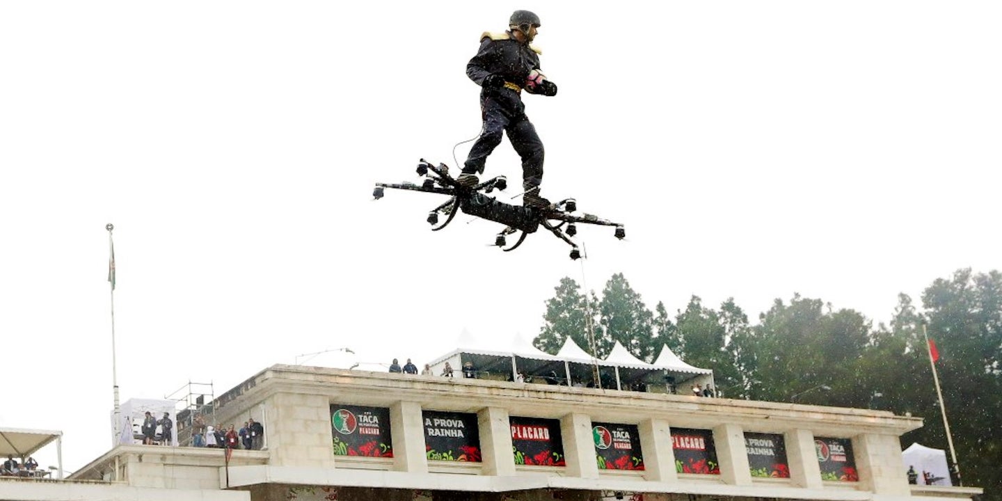 Real Flying Hoverboard Drone Pilot Stuns Lisbon Soccer Stadium Crowd