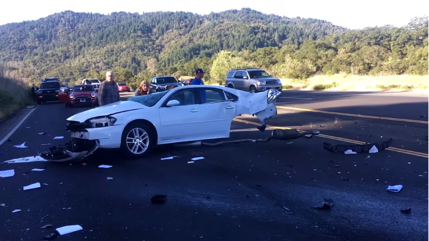 Crash Splits Chevrolet Impala In Half, Leaves Driver Barely Injured