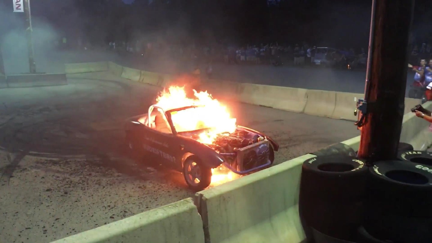 Watch a V8 Mazda Miata Burst Into Flames After Burnout Gone Wrong