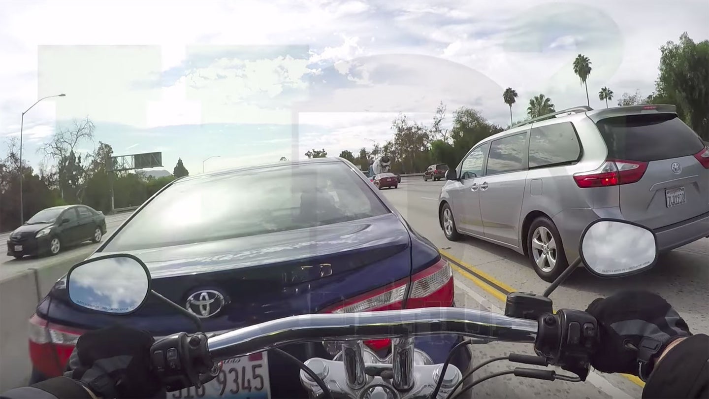 Toyota Camry Cuts Off Motorcycle, Sends Rider Flying Onto Trunk