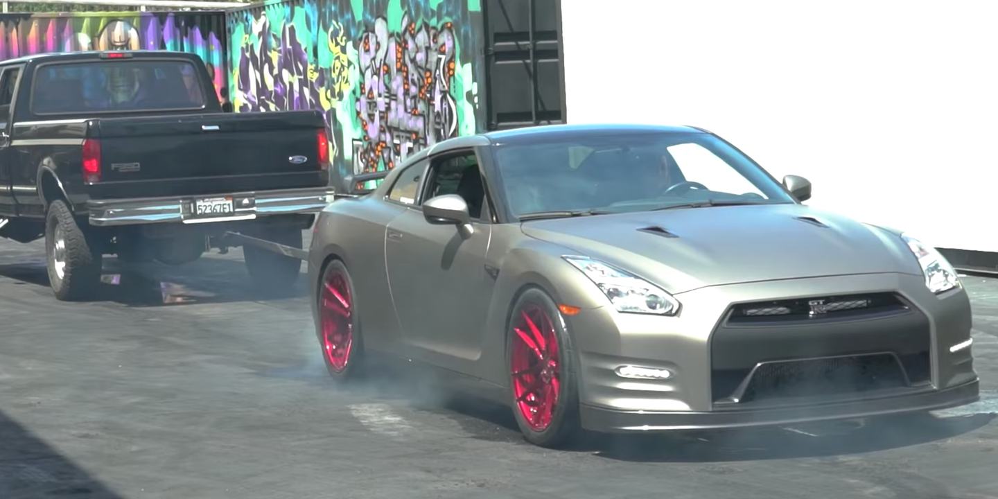 Watch This 800-HP Nissan GT-R Smoke its Tires While Chained to a Truck