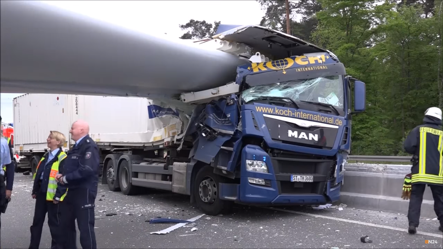 Wind Turbine Blade Slices Into Semi-Truck In Crazy Autobahn Crash