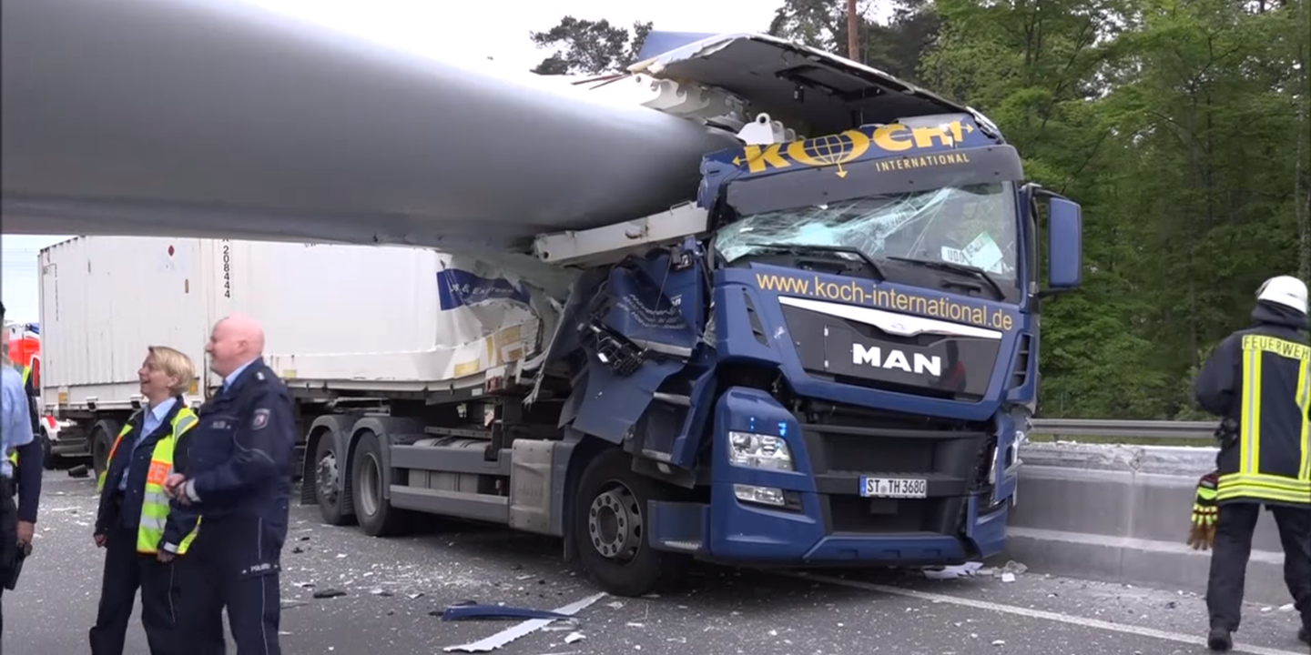 Wind Turbine Blade Slices Into Semi-Truck In Crazy Autobahn Crash