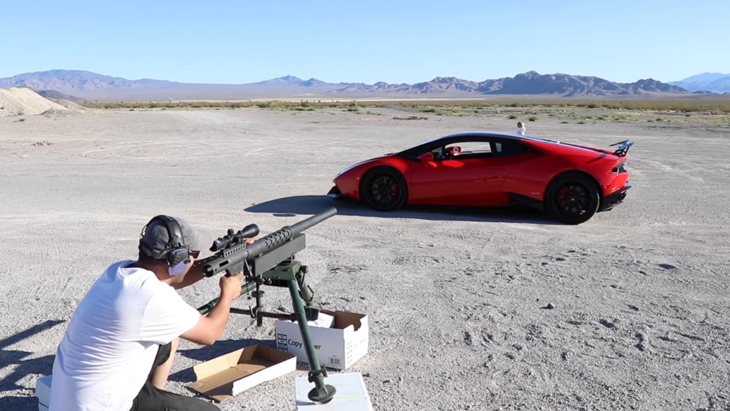 Watch a 20mm Cannon Trick Shot Through a Lamborghini Huracan
