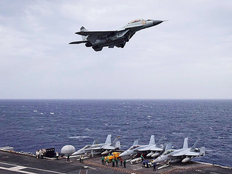 Indian Navy MiG-29Ks Make Low Approaches To USS Nimitz During “Malabar” Drills