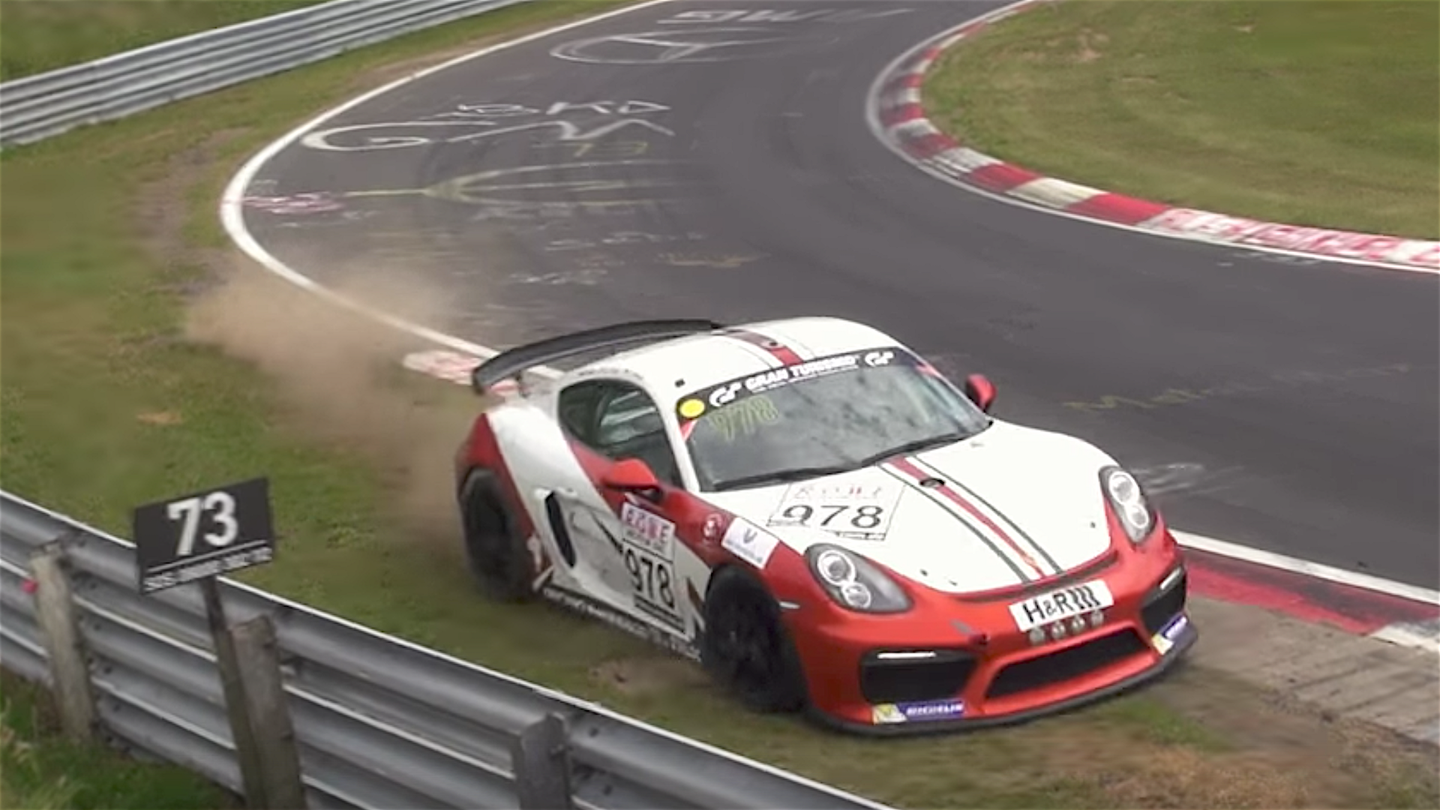 Watch This Porsche Cayman GT4 Race Car Almost Crash on the Nurburgring