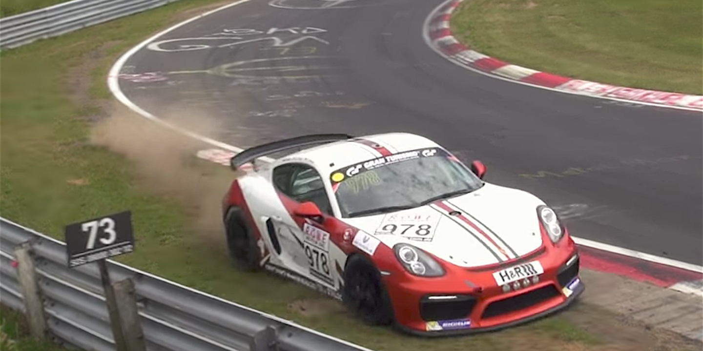 Watch This Porsche Cayman GT4 Race Car Almost Crash on the Nurburgring