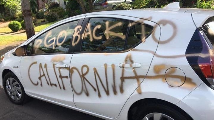 Someone Painted &#8216;Go Back to California&#8217; on a Prius in Portland