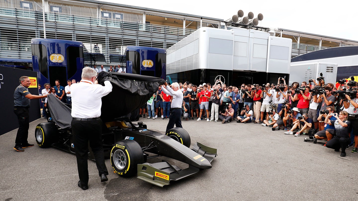 Autodromo Nazionale di Monza, Italy.Thursday 31 August 2017The new F2 car is unveiled by Ross Brawn and Charlie Whiting.Photo: Sam Bloxham/FIA Formula 2ref: Digital Image _W6I2000