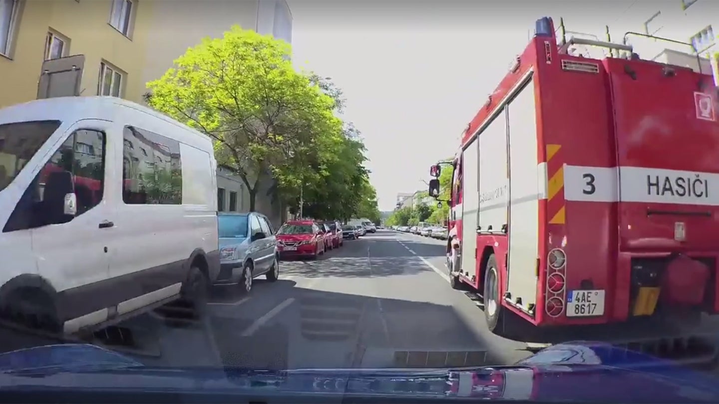 Watch This Porsche Driver Brake Check a Fire Truck in Prague