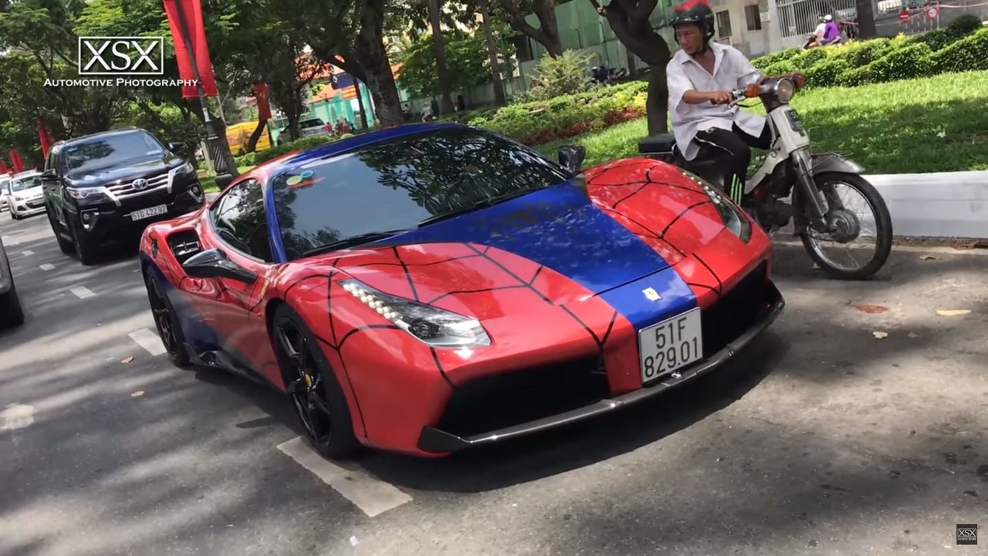Ferrari 488 GTB in Spider-Man Livery Spotted in Vietnam