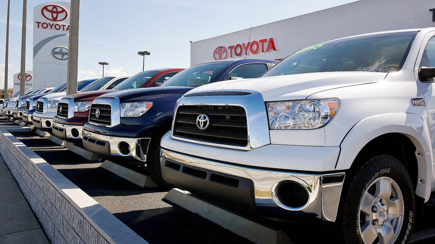 JANUARY 5, 2009; ORLANDO, FL -- Toyota Tundra full size trucks sit on the lot at the Toyota of Orlando car dealership in Orlando, Florida, January 5, 2009. (photo by Matt Stroshane/Bloomberg News)