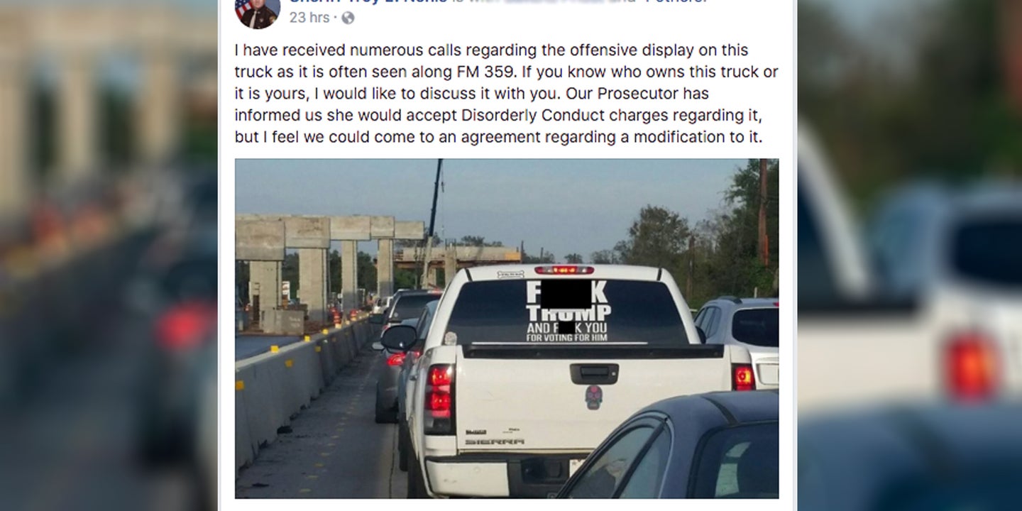Texas Sheriff Threatens GMC Sierra Driver With Charges Over Obscene Trump Sticker