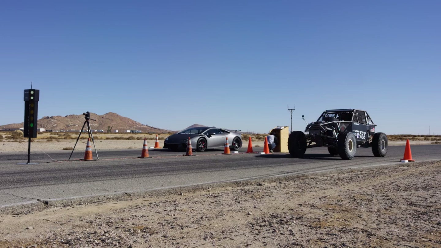 Watch a Supercharged Huracan Drag Race an Off-Road Race Rig