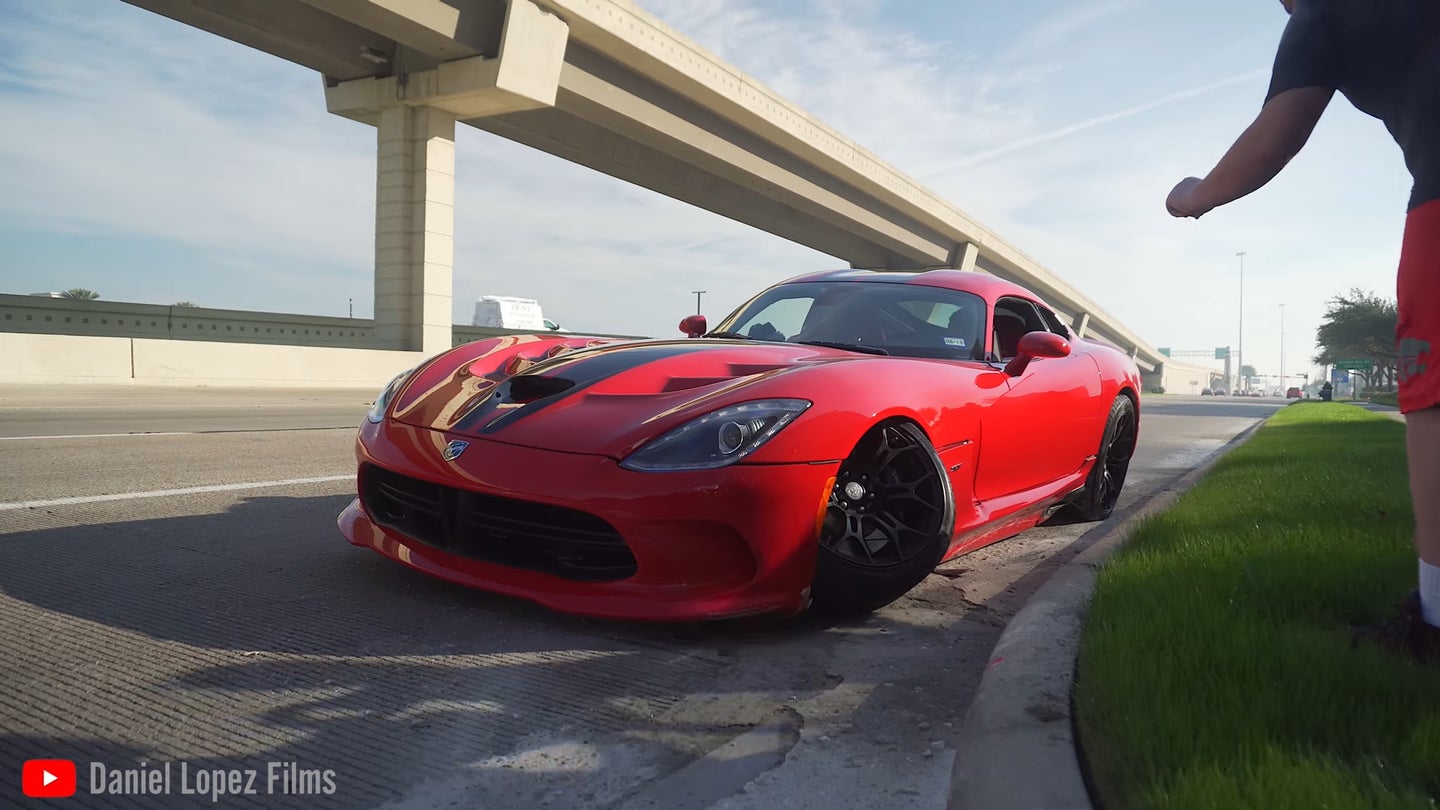 Watch a Dodge Viper Eat It Leaving Cars and Coffee