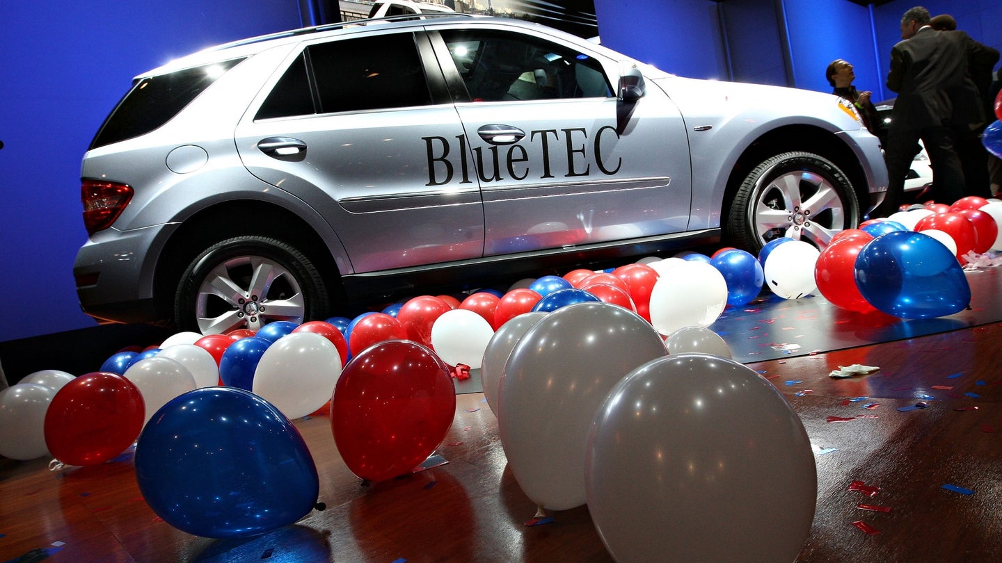 A Mercedes-Banz ML-320 with a BlueTEC diesel engine sits on display following its debut during a media preview of the 2008 New York International Auto Show in New York, U.S., on Wednesday, March 19, 2008. The 2008 NYIAS is open to the public from March 21-30. Photographer: Daniel Acker/Bloomberg News