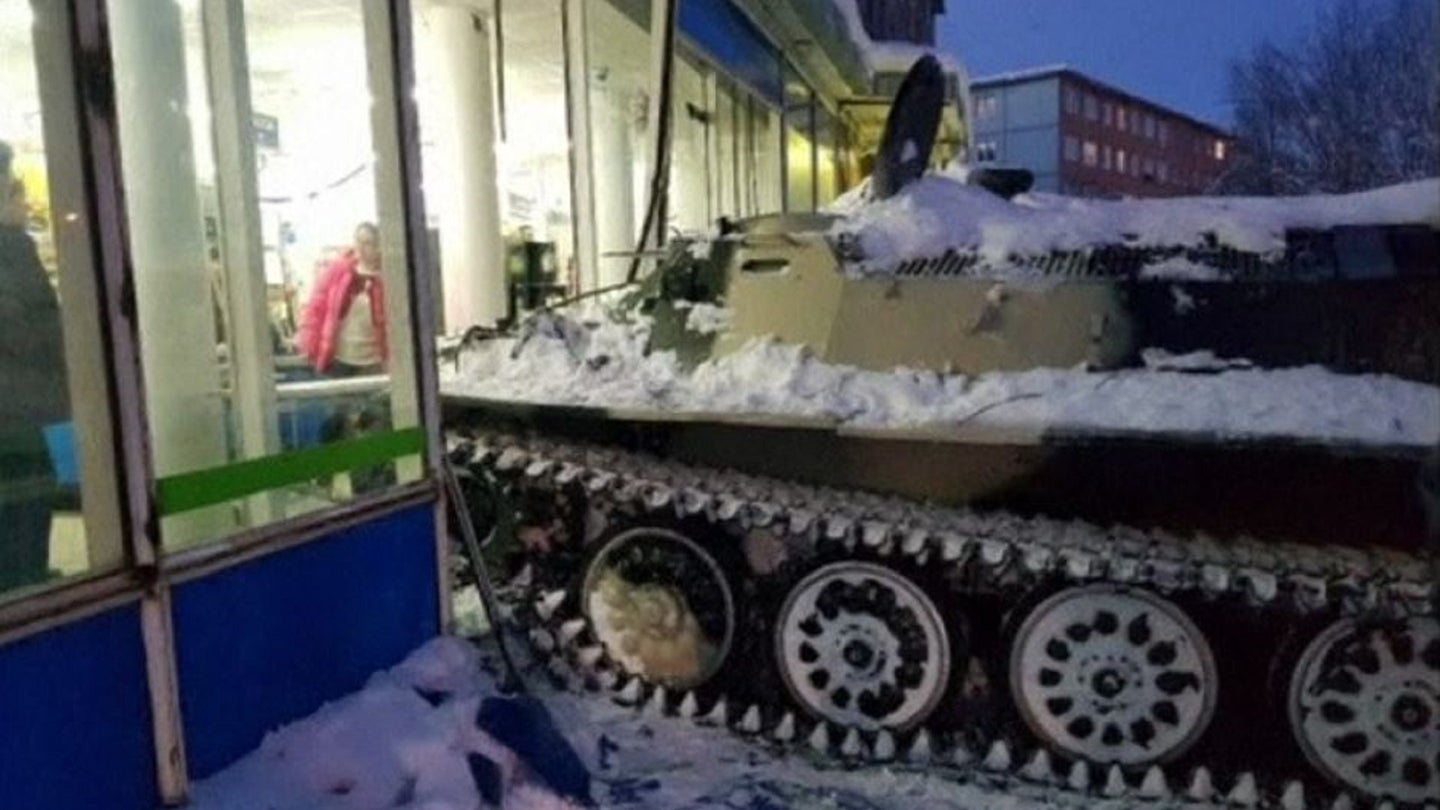 Drunk Russian Guy Allegedly Steals Tank, Smashes Liquor Store Window, Grabs One Bottle of Red Wine