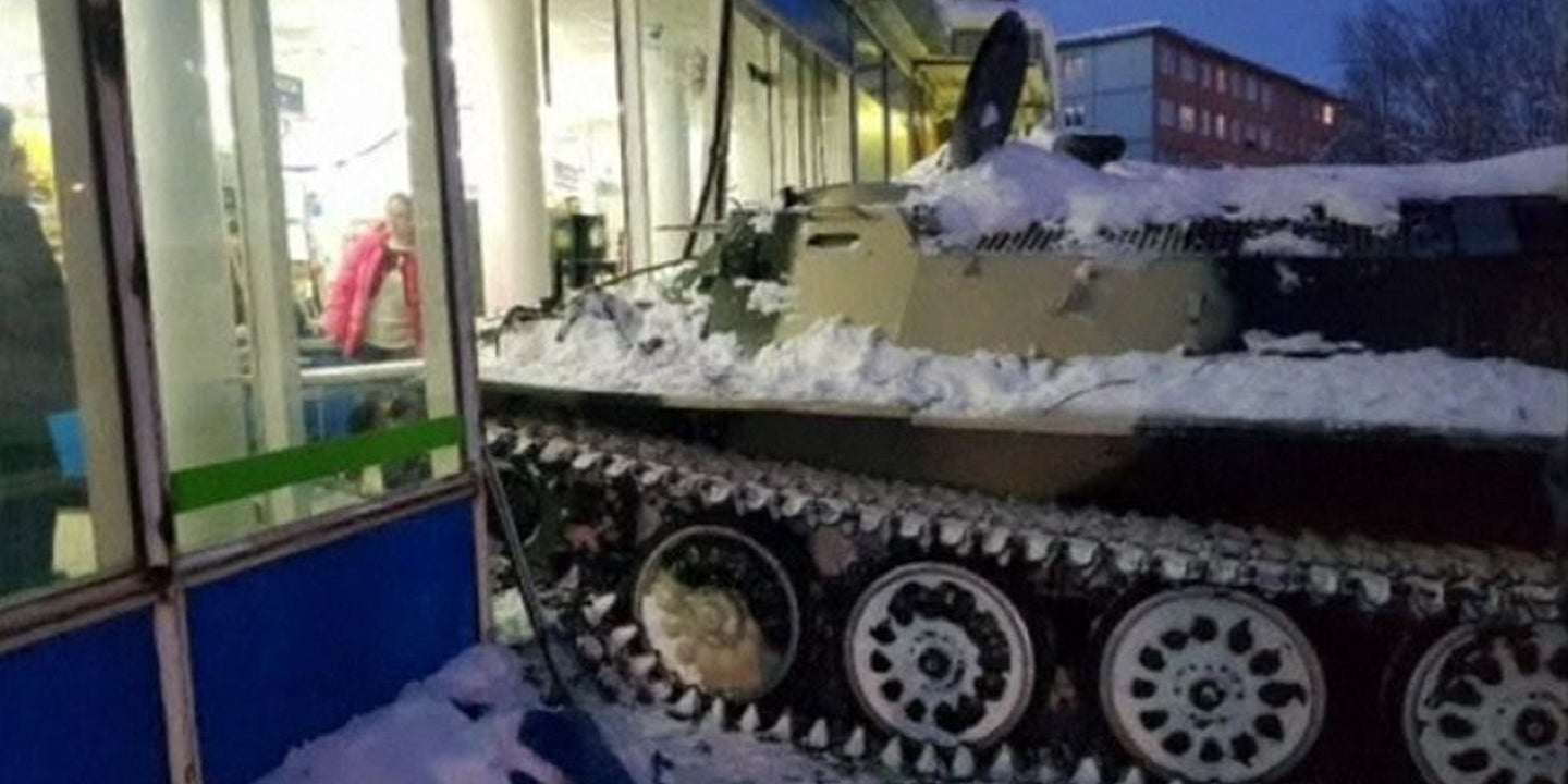 Drunk Russian Guy Allegedly Steals Tank, Smashes Liquor Store Window, Grabs One Bottle of Red Wine