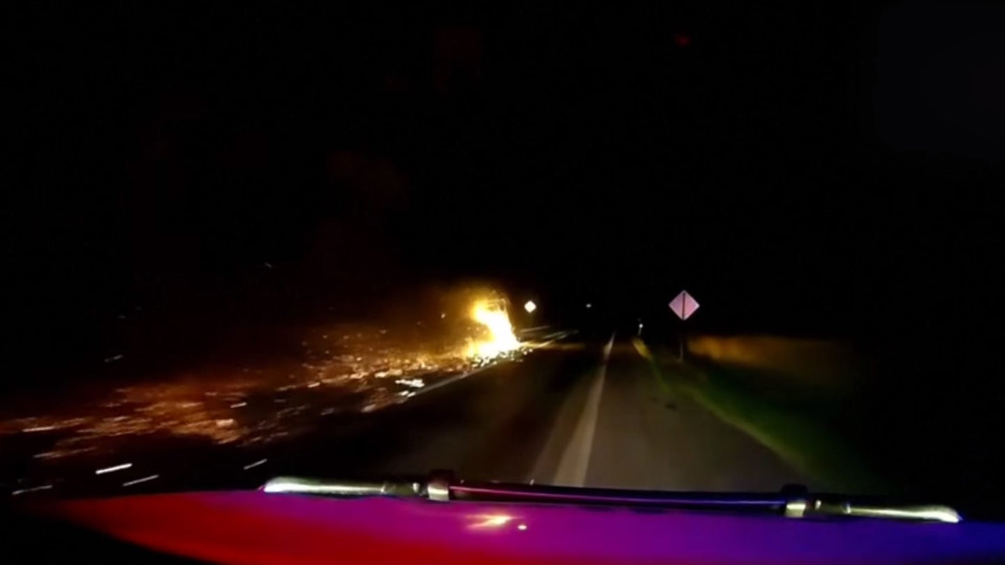 Wheel-less Trailer Rains Fire on Australian Highway