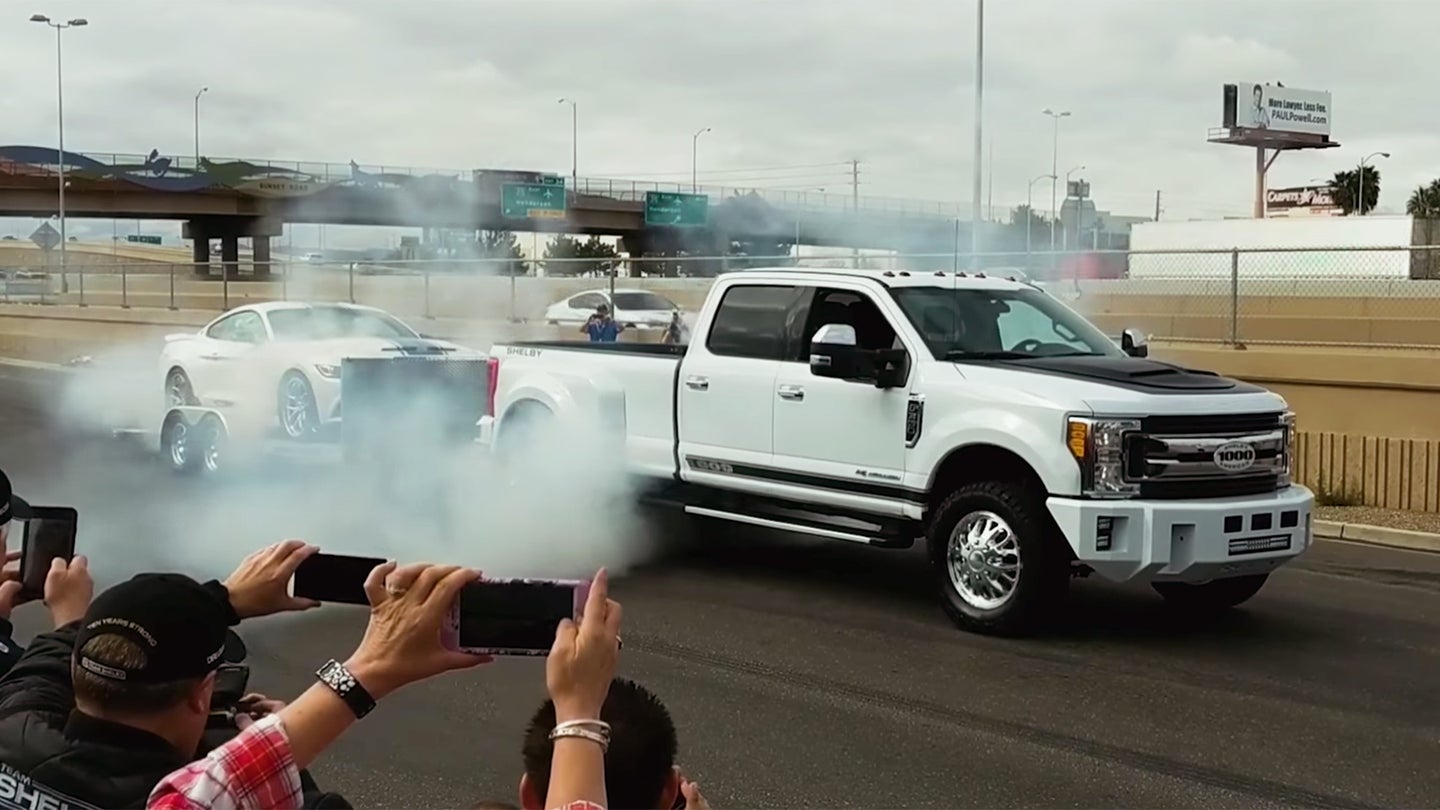 Shelby 1000 Diesel Dually Truck Double Burnout With a Super Snake Mustang Is Maximum America