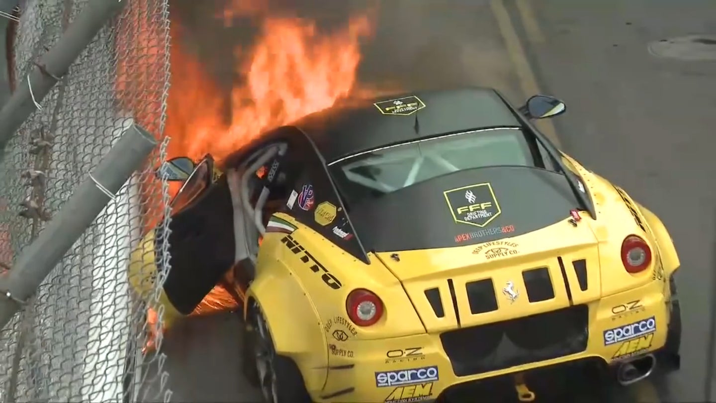Twin-Supercharged Ferrari 599 Catches Fire in Formula Drift Debut Event