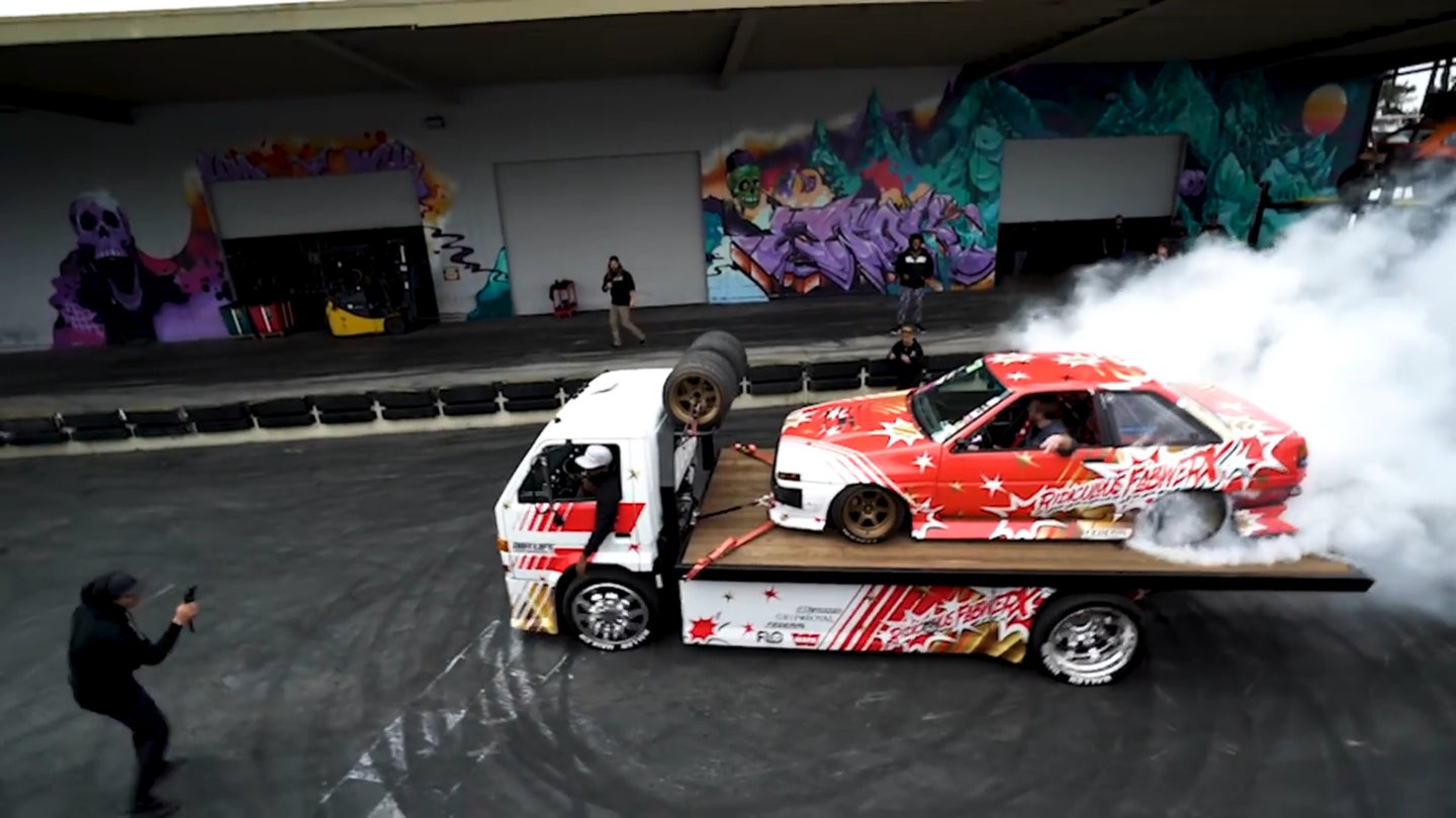 AE86 Toyota Corolla Does Burnout on Its Matching Baller Hauler