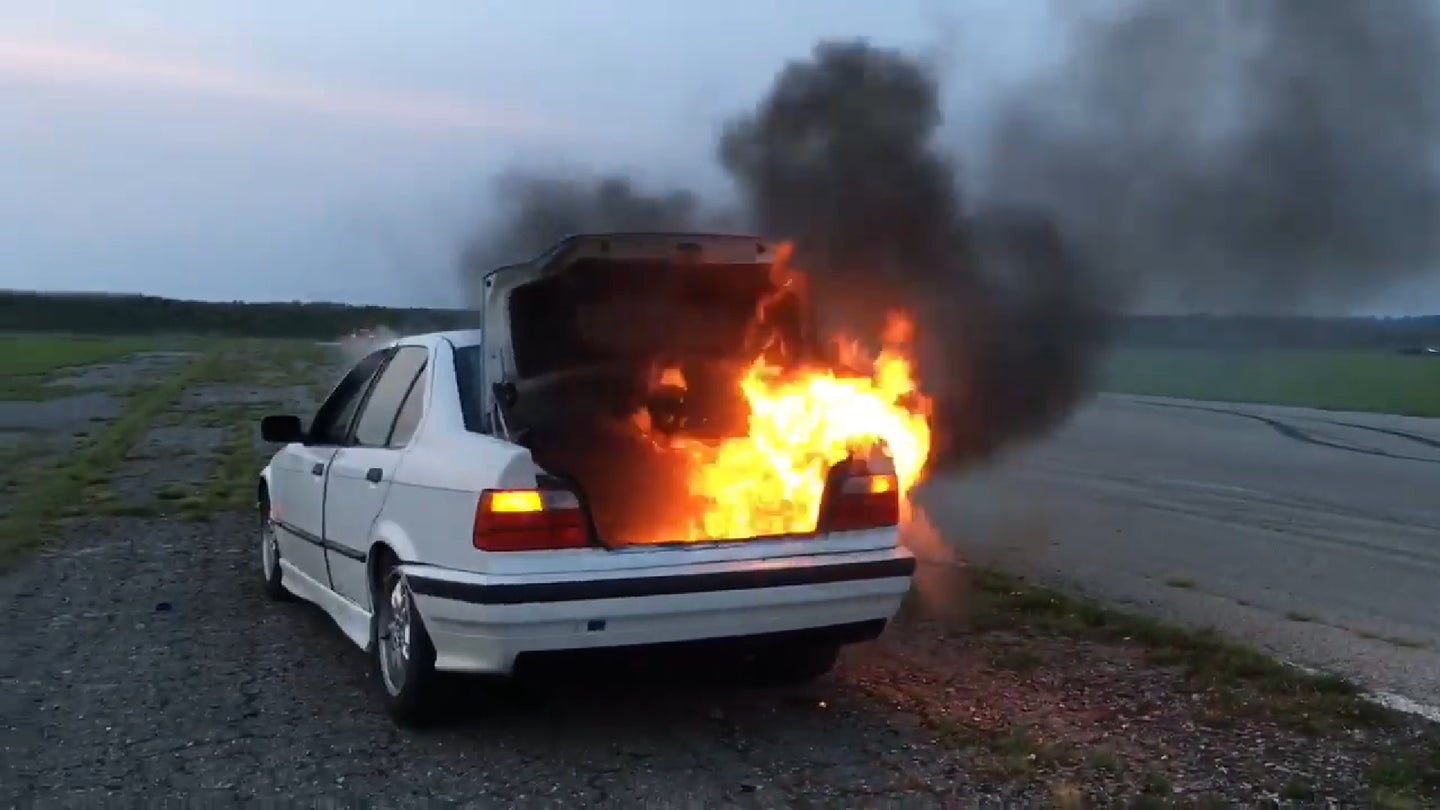 BMW E36 Goes Up in Flames Trackside Thanks to Unsecured Can of WD-40