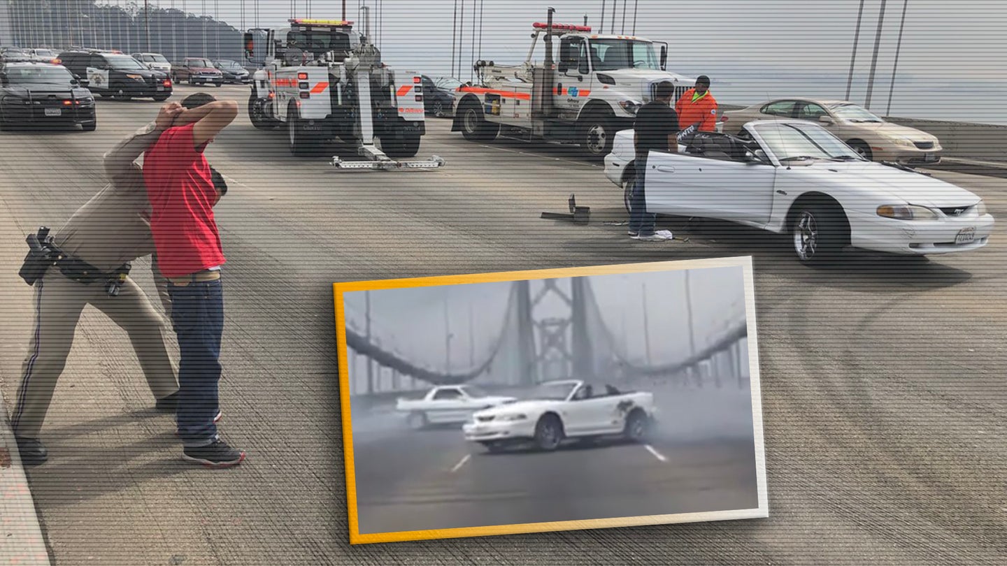 Mustang Driver Arrested After Losing Wheel During Illegal Drifting Show on Major SF Bridge