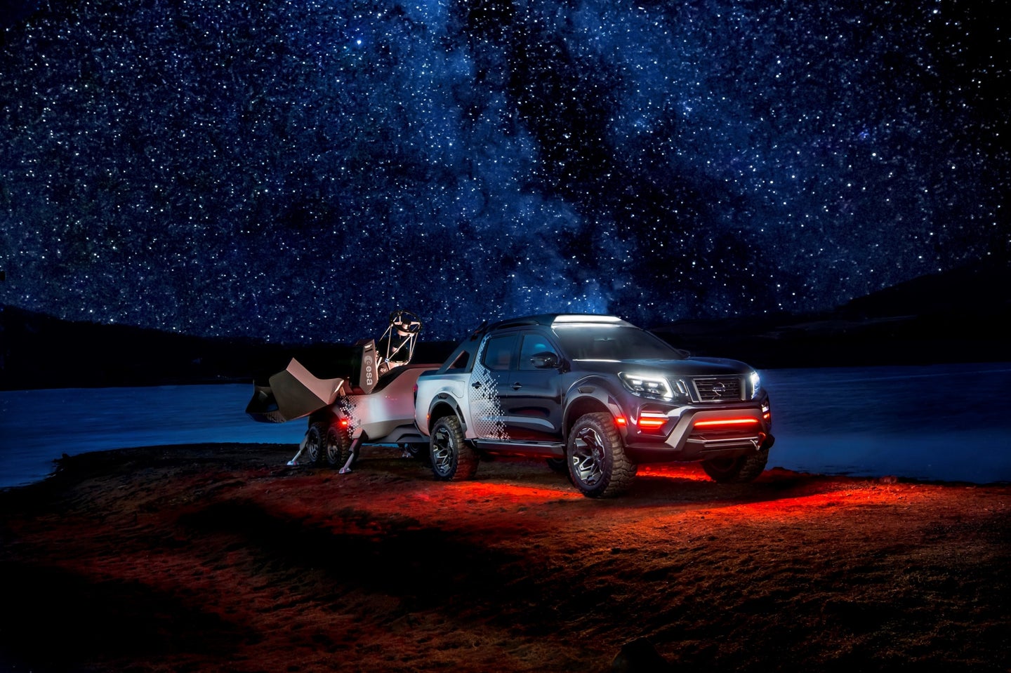 Newly Unveiled Nissan Navara Dark Sky Concept is a Mobile Space Observatory - Front Side View - Night View - Telescope In Operation