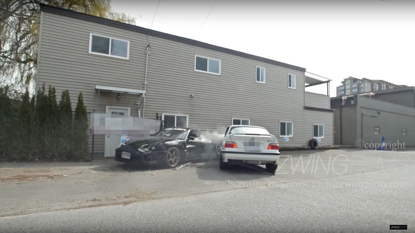 Video: Wannabe Drifter Smashes E36 BMW M3 Into Parked MKIV Toyota Supra