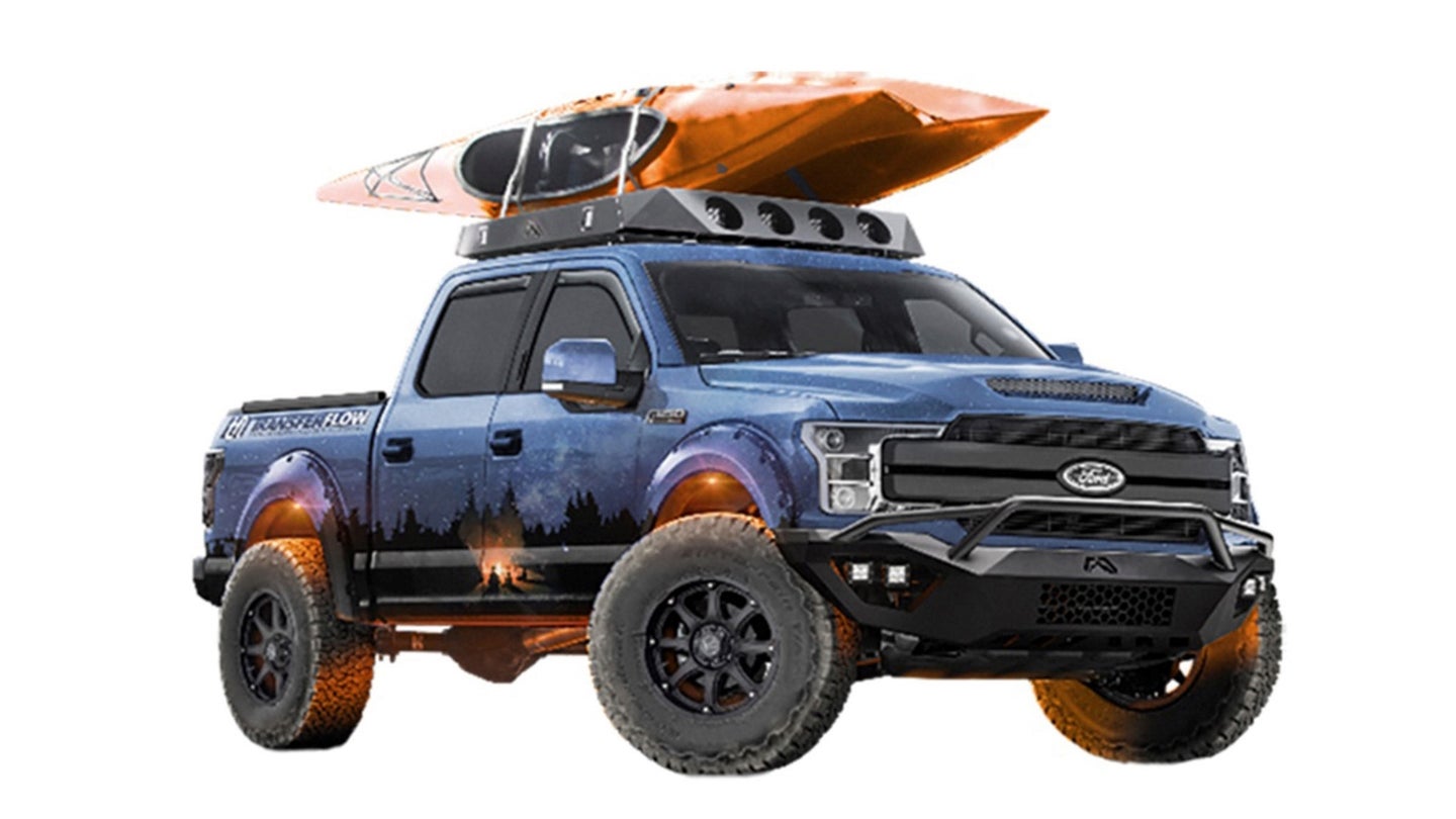 California-based Transfer Flow has created the ultimate family Ford F-150 adventure truck that leverages the efficient power of the all-new 3.0-liter Ford Power Stroke® diesel, taking it to new heights with off-road suspension, powertrain and accessory upgrades. Add in Fab Fours Vengeance front and rear bumpers and roof rack, Yakima kayak rack, a Transfer Flow 50-gallon fuel tank and 40-gallon in-bed auxiliary toolbox combo with refueling kit and movie projector screen inset for maximum getaway fun.