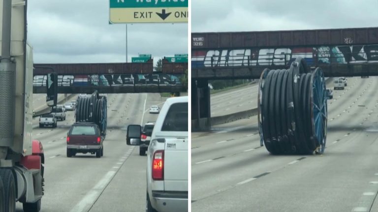 Giant Spool of Steel Cable Wire Rolls Down a Houston Highway