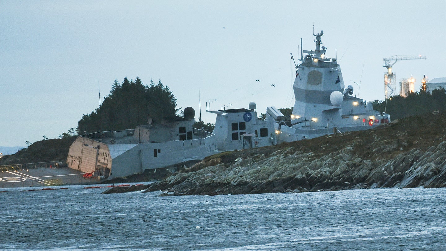 Badly Damaged Norwegian Frigate Intentionally Ran Aground After Tanker Collision (Updated)