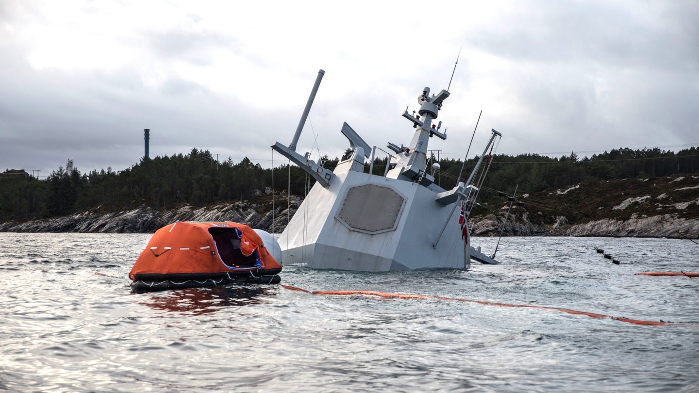Stricken Norwegian Frigate Has Almost Completely Sunk After Its Anchor Wires Snapped