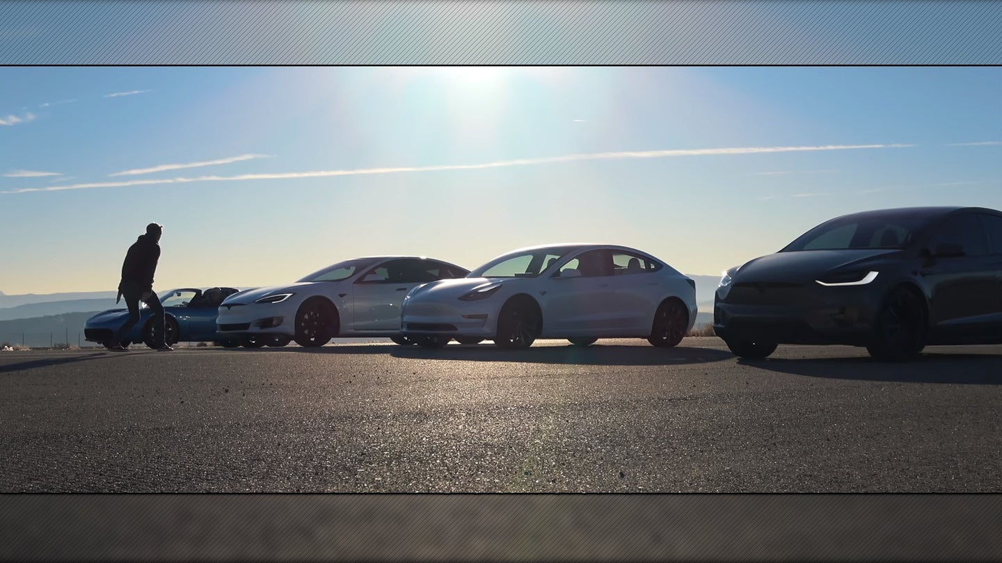 Watch Every Modern Tesla Vehicle Drag Race the OG Tesla Roadster