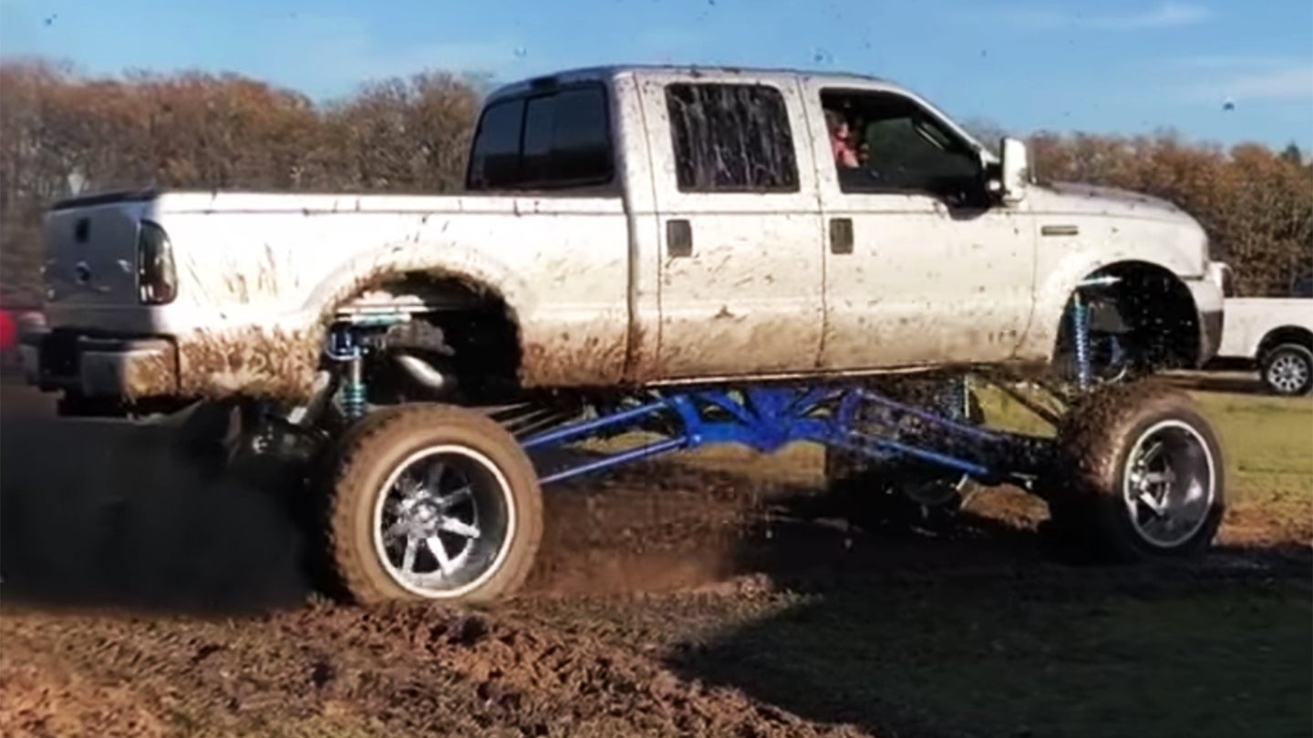 Watch a Stupidly Lifted Ford F-250 Bro Truck Get Stuck in an Inch of Mud