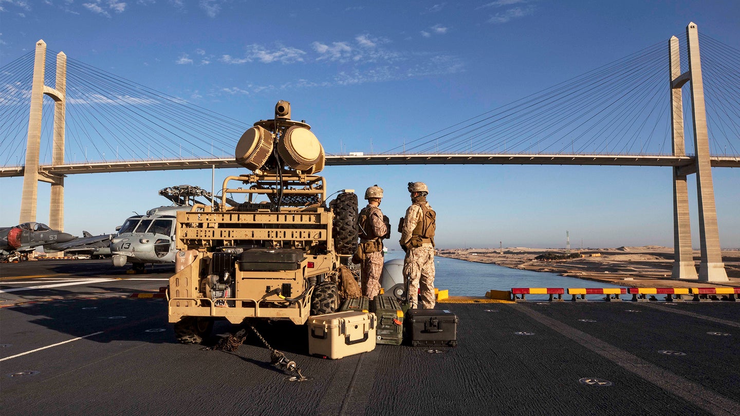 USS Kearsarge Transits The Suez Canal With Anti-Drone Buggies Keeping Watch On Deck