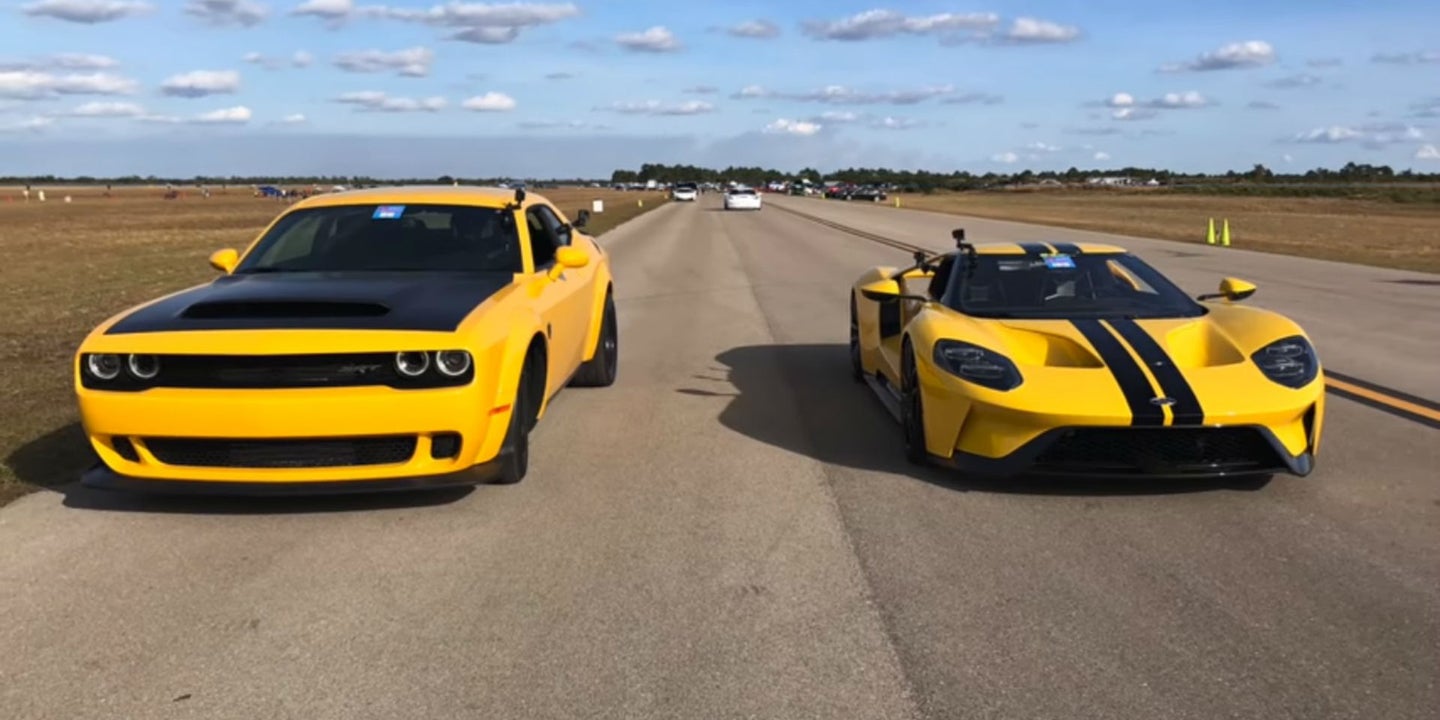Watch a 2018 Ford GT Face Off Against the Dodge Challenger Demon in a Half-Mile Drag Race